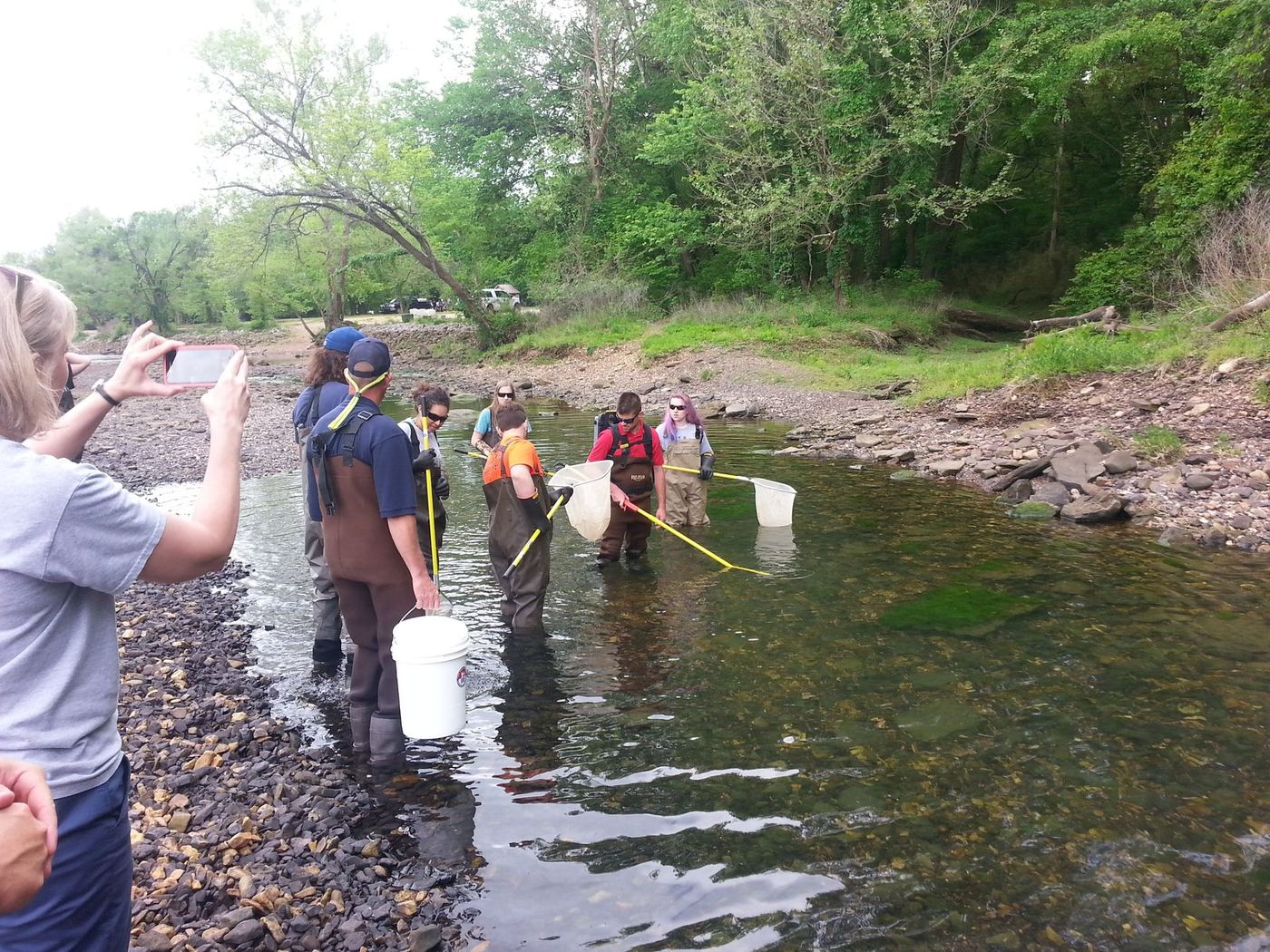 Students in waders netting insects in the river