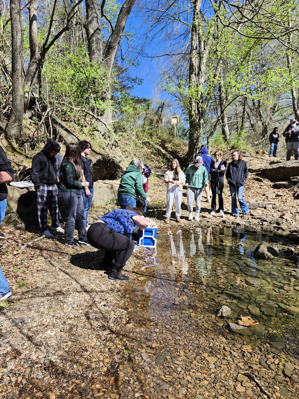 Students gathered on the bank watching a release