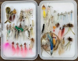 A fly box filled with saltwater and striper flies, the October raffle prize